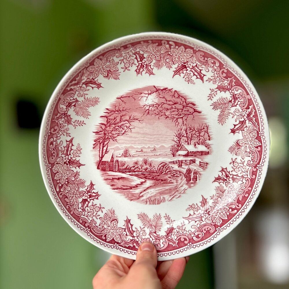 VTG Red Spode Winter's Eve Homestead Still Life Scene Discontinued Bowl 8.5in